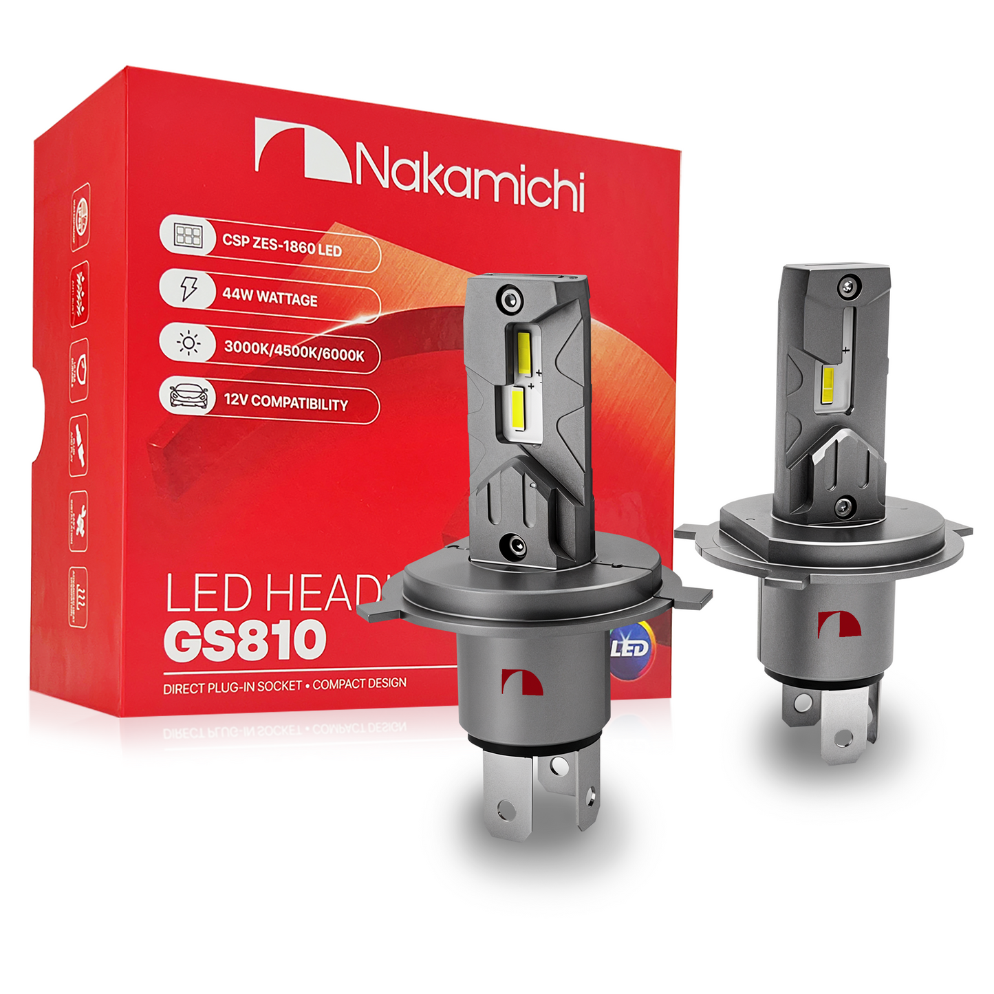 Nakamichi GS810 Series H4 LED Headlight Foglight Light Bulbs for Replacement, 12,000 Lumens 44W Per Set, Daylight White, Plug and Play, 1:1 Beam, Pack of 2, H4 (HB2 9003)