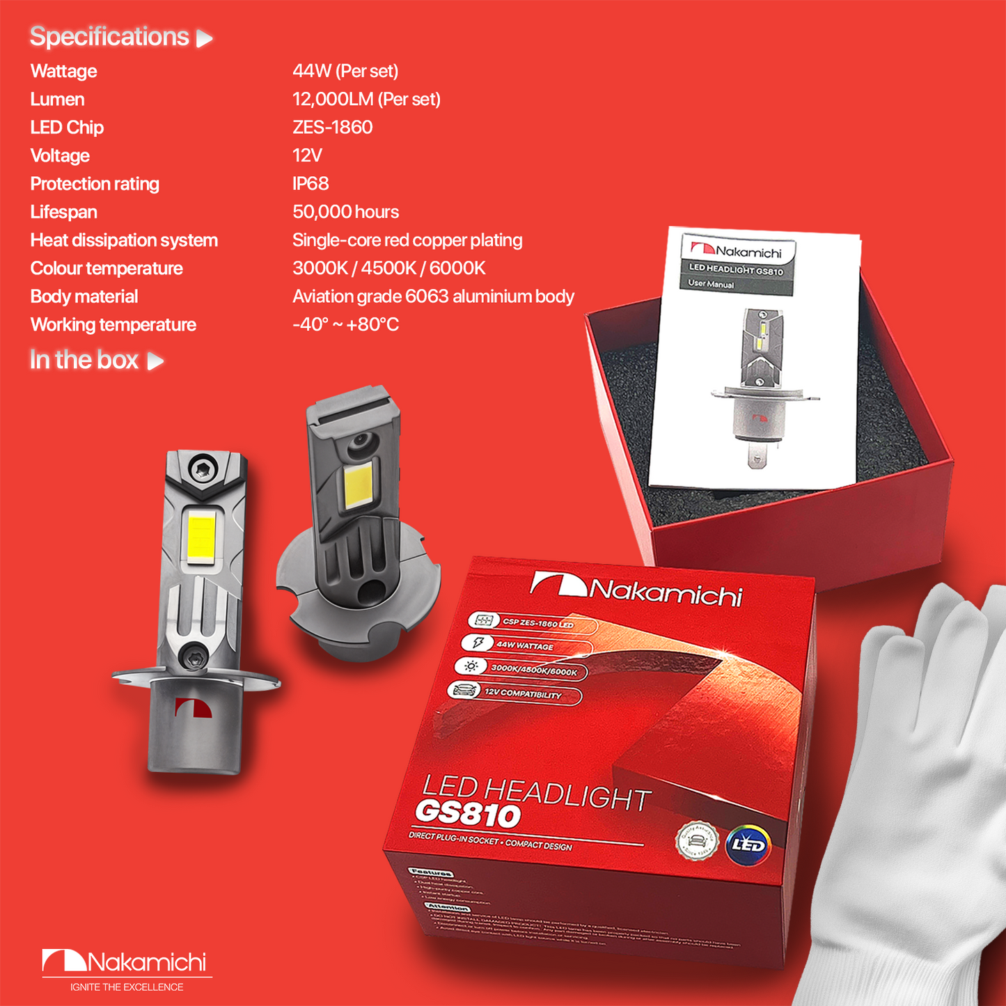 Nakamichi GS810 Series H1 LED Headlight Foglight Light Bulbs for Replacement, 12,000 Lumens 44W Per Set, Warm White, Plug and Play, 1:1 Beam, Pack of 2, 3000K, H1