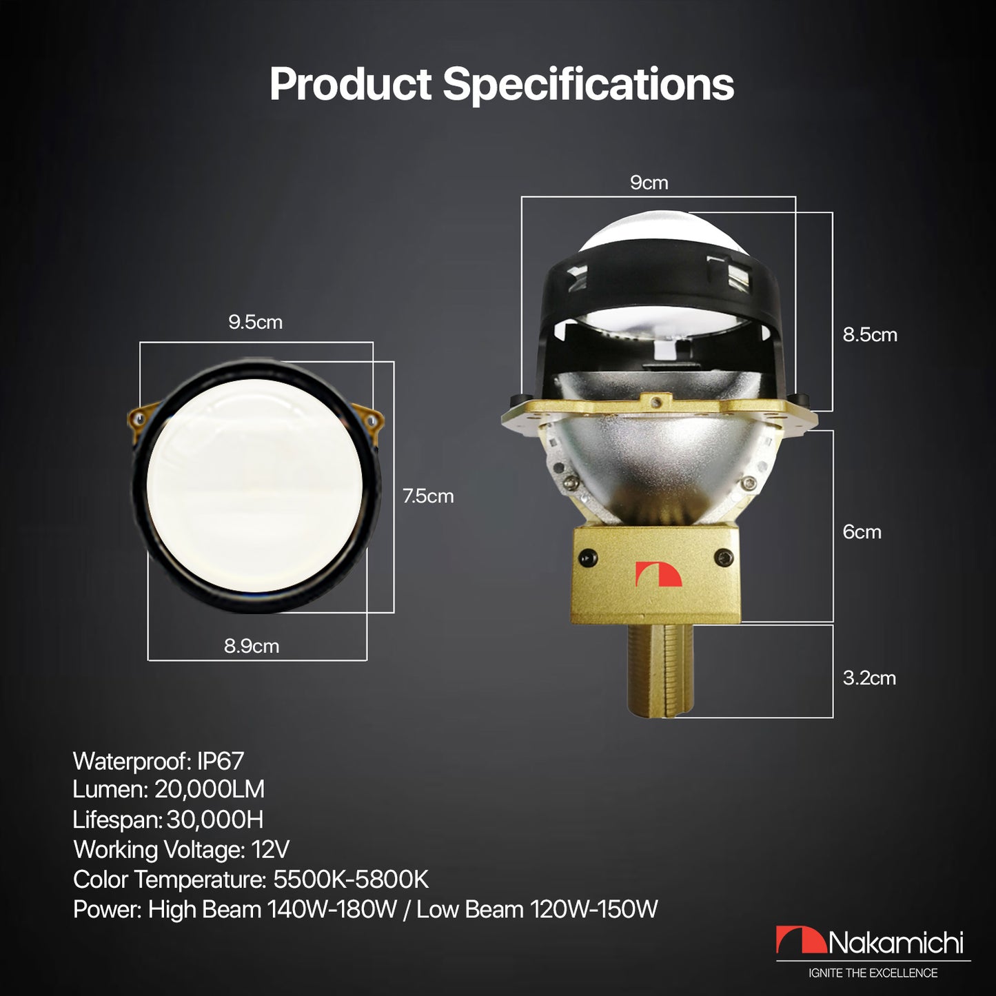Nakamichi GM901 Serie H4 H7 9005 9006 Bi-LED-Projektor-Scheinwerferlinse, 3,0 Zoll, 20.000 Lumen, 112 W pro Set, Fern- und Abblendlicht-Nachrüstung, 2er-Pack, 5800 K