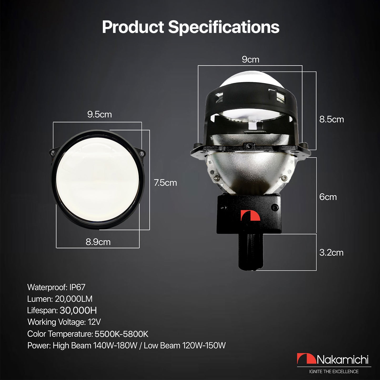 Nakamichi GM901 Serie H4 H7 9005 9006 Bi-LED-Projektor-Scheinwerferlinse, 3,0 Zoll, 20.000 Lumen, 126 W pro Set, Fern- und Abblendlicht-Nachrüstung, 2er-Pack, 5800 K