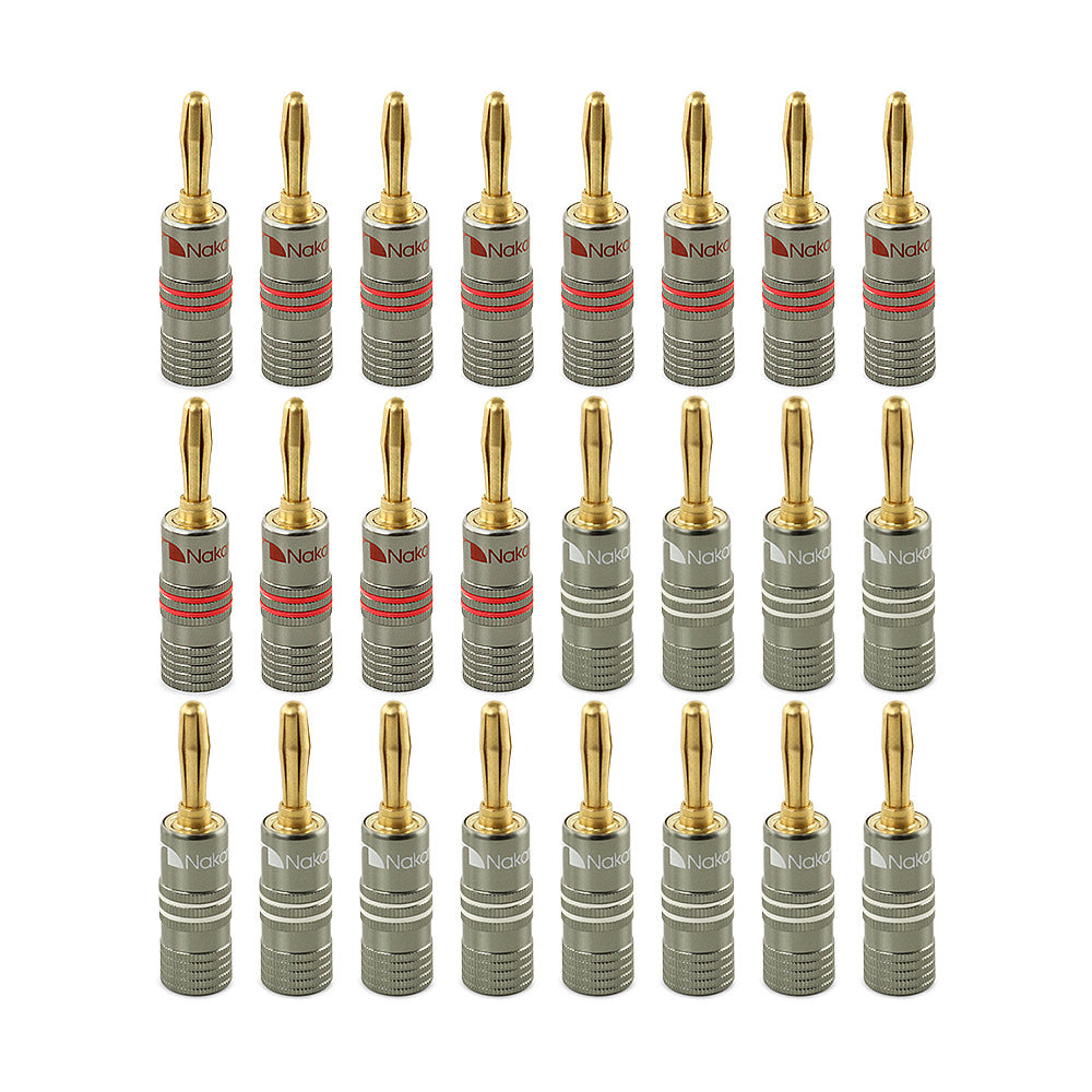 Bananenstecker Nakamichi Ultimate Series, 24 Karat vergoldet, Beryllium-Rotkupfer, 12–18 AWG, Stärke 4 mm, Anschluss für Lautsprecher, Kabelverstärker, Hi-Fi