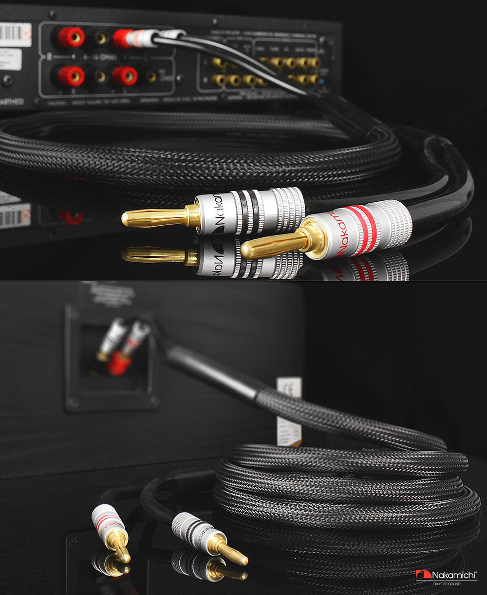 24 Karat vergoldeter Bananenstecker der Nakamichi Excel-Serie mit (6 Fuß) 12 AWG-Lautsprecherkabeldraht, 99,9 % sauerstofffreies Kupfer (OFC), strapazierfähig geflochten, für Verstärker, Hi-Fi, Heimkino