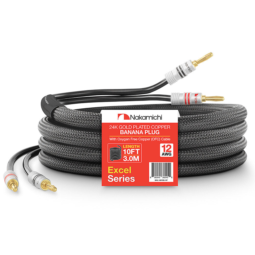 24 Karat vergoldeter Bananenstecker der Nakamichi Excel-Serie mit (6 Fuß) 12 AWG-Lautsprecherkabeldraht, 99,9 % sauerstofffreies Kupfer (OFC), strapazierfähig geflochten, für Verstärker, Hi-Fi, Heimkino