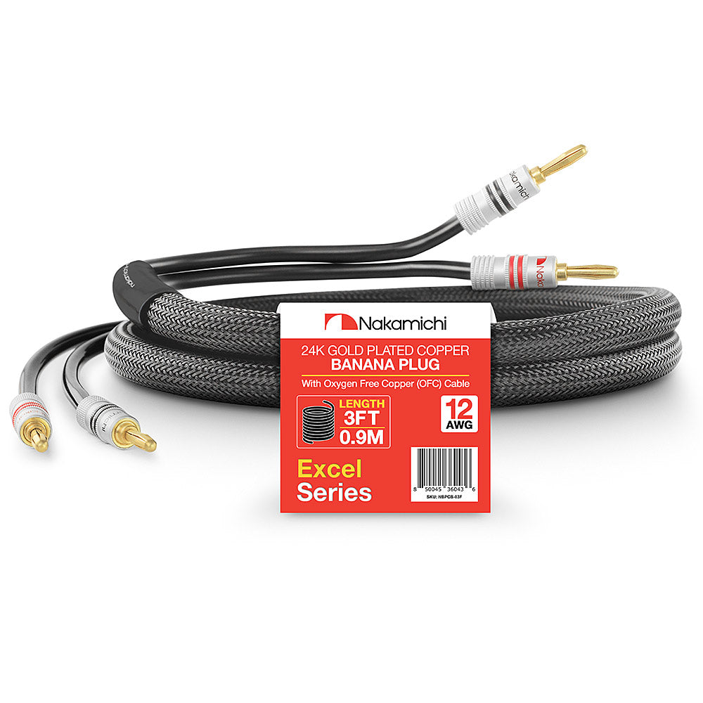 24 Karat vergoldeter Bananenstecker der Nakamichi Excel-Serie mit (6 Fuß) 12 AWG-Lautsprecherkabeldraht, 99,9 % sauerstofffreies Kupfer (OFC), strapazierfähig geflochten, für Verstärker, Hi-Fi, Heimkino