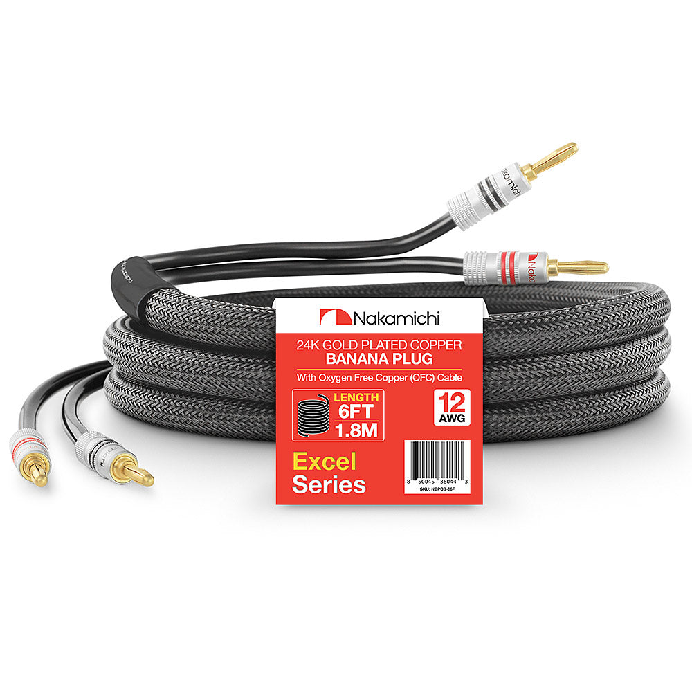 24 Karat vergoldeter Bananenstecker der Nakamichi Excel-Serie mit (6 Fuß) 12 AWG-Lautsprecherkabeldraht, 99,9 % sauerstofffreies Kupfer (OFC), strapazierfähig geflochten, für Verstärker, Hi-Fi, Heimkino