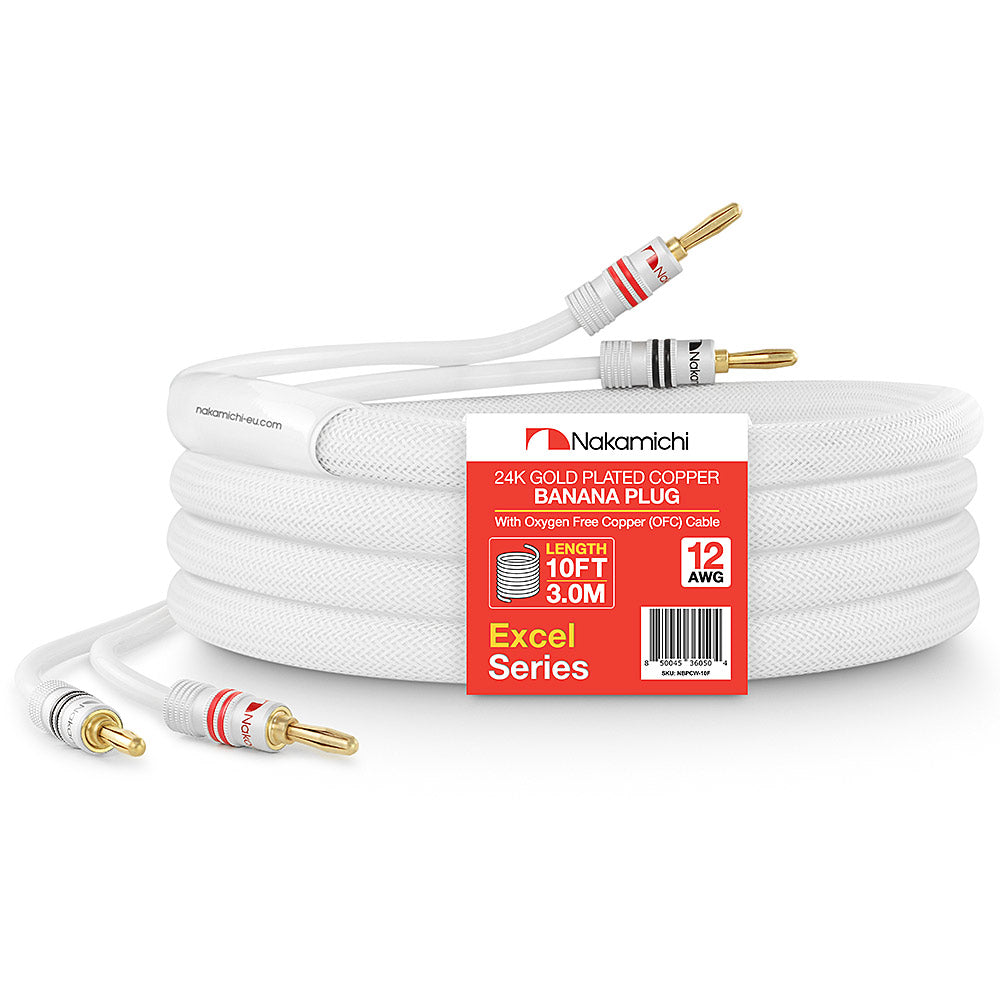 24 Karat vergoldeter Bananenstecker der Nakamichi Excel-Serie mit (6 Fuß) 12 AWG-Lautsprecherkabeldraht, 99,9 % sauerstofffreies Kupfer (OFC), strapazierfähig geflochten, für Verstärker, Hi-Fi, Heimkino