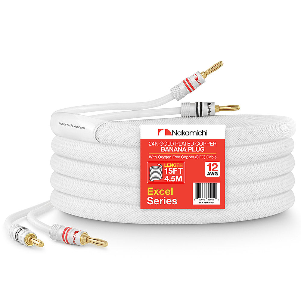 24 Karat vergoldeter Bananenstecker der Nakamichi Excel-Serie mit (6 Fuß) 12 AWG-Lautsprecherkabeldraht, 99,9 % sauerstofffreies Kupfer (OFC), strapazierfähig geflochten, für Verstärker, Hi-Fi, Heimkino