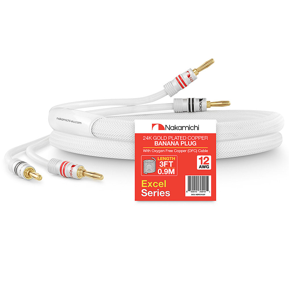 24 Karat vergoldeter Bananenstecker der Nakamichi Excel-Serie mit (6 Fuß) 12 AWG-Lautsprecherkabeldraht, 99,9 % sauerstofffreies Kupfer (OFC), strapazierfähig geflochten, für Verstärker, Hi-Fi, Heimkino
