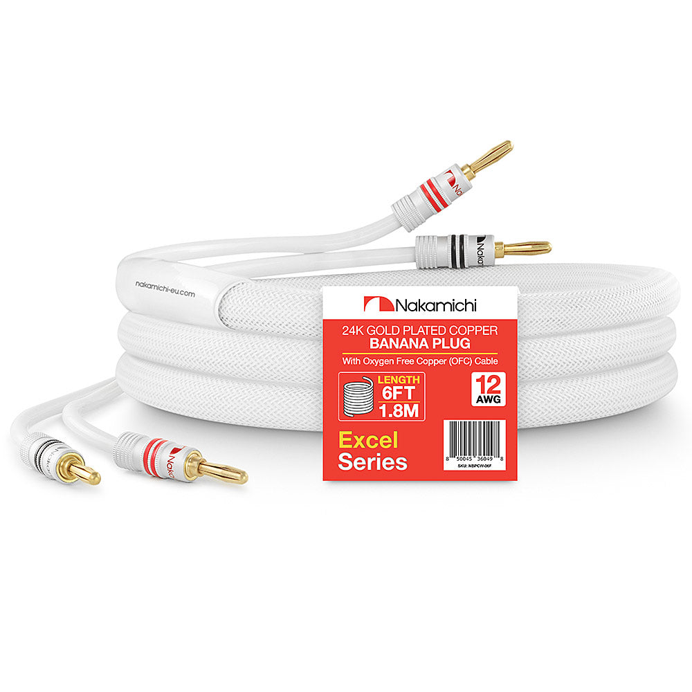 24 Karat vergoldeter Bananenstecker der Nakamichi Excel-Serie mit (6 Fuß) 12 AWG-Lautsprecherkabeldraht, 99,9 % sauerstofffreies Kupfer (OFC), strapazierfähig geflochten, für Verstärker, Hi-Fi, Heimkino