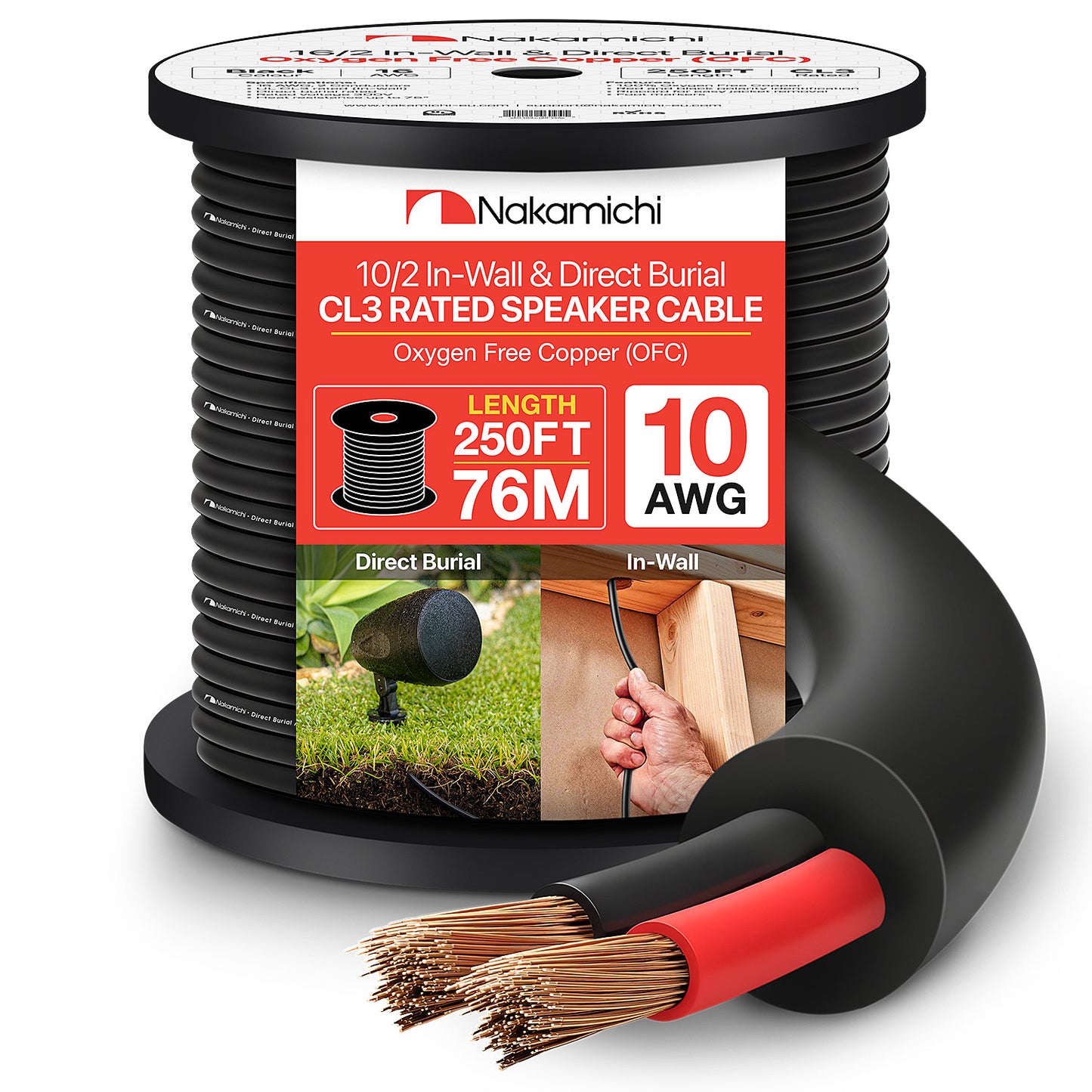 Nakamichi In-Wall & Direct Burial (UL CL3 zertifiziert) sauerstofffreies Kupfer (OFC) 2-adriges Lautsprecherkabel, für den Außenbereich, im Boden, Schwarz