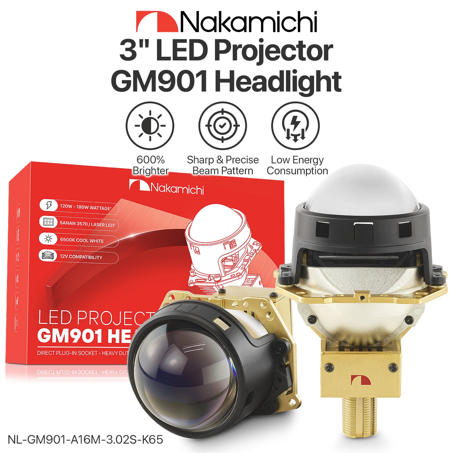 Nakamichi GM901 Serie H4 H7 9005 9006 Bi-LED-Projektor-Scheinwerferlinse, 3,0 Zoll, 20.000 Lumen, 112 W pro Set, Fern- und Abblendlicht-Nachrüstung, 2er-Pack, 5800 K