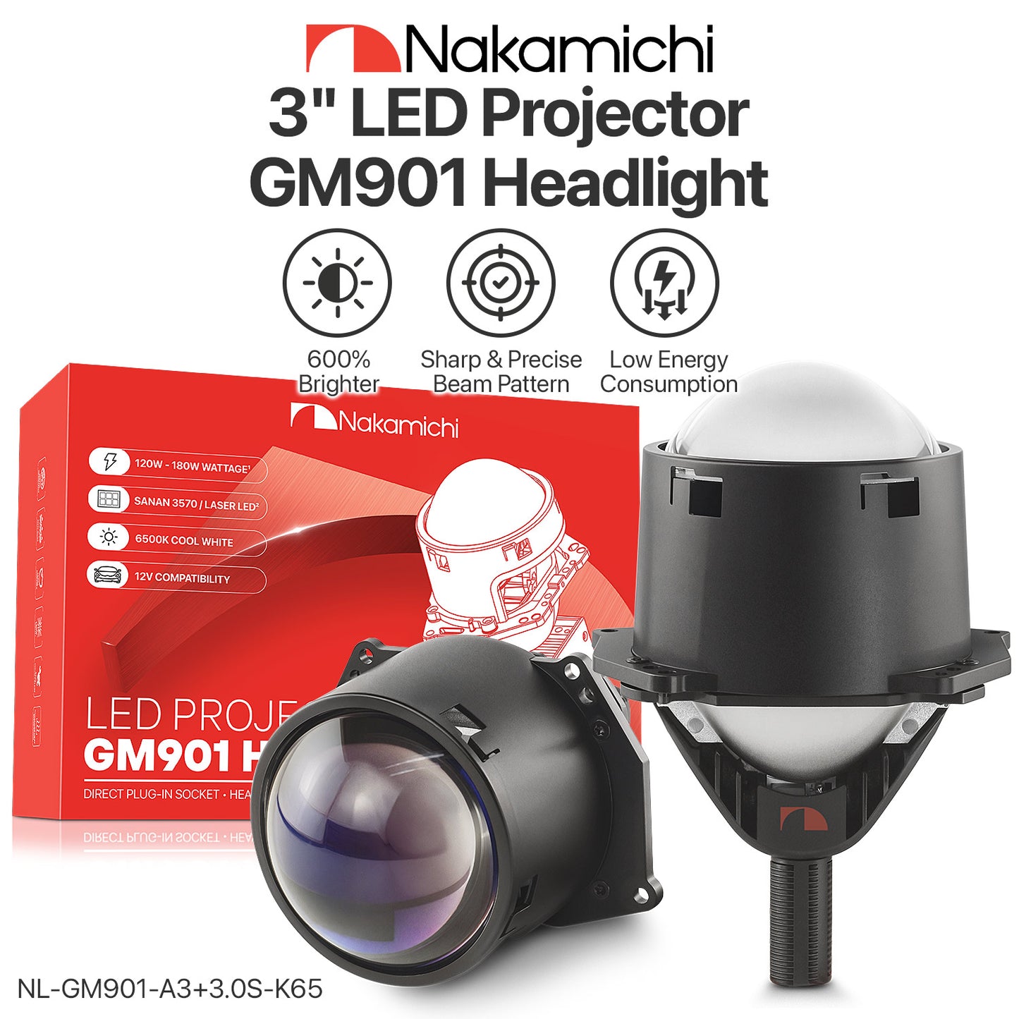 Nakamichi GM901 Serie H4 H7 9005 9006 Bi-LED-Projektor-Scheinwerferlinse, 3,0 Zoll, 20.000 Lumen, 98 W pro Set, Fern- und Abblendlicht-Nachrüstung, 2er-Pack, 5800 K