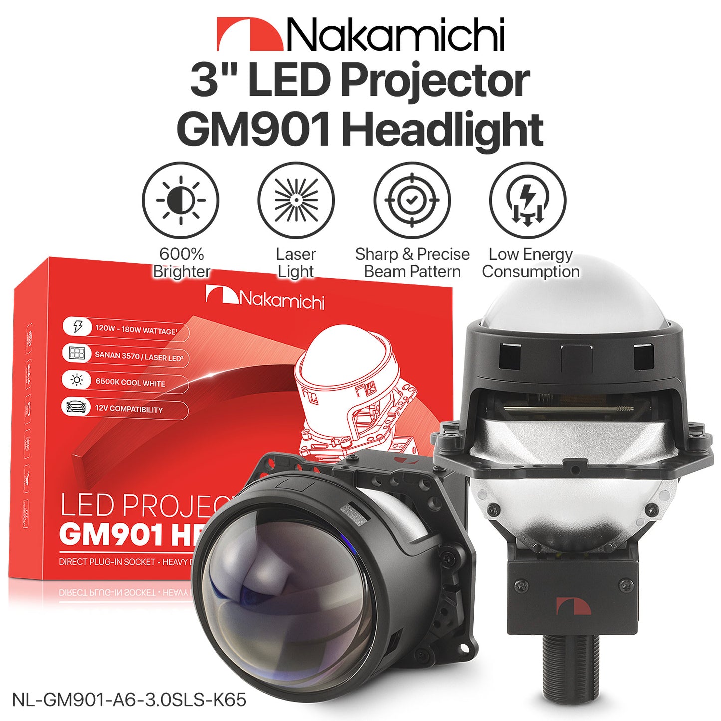 Nakamichi GM901 Serie H4 H7 9005 9006 Bi-LED-Projektor-Scheinwerferlinse, 3,0 Zoll, 20.000 Lumen, 126 W pro Set, Fern- und Abblendlicht-Nachrüstung, 2er-Pack, 5800 K