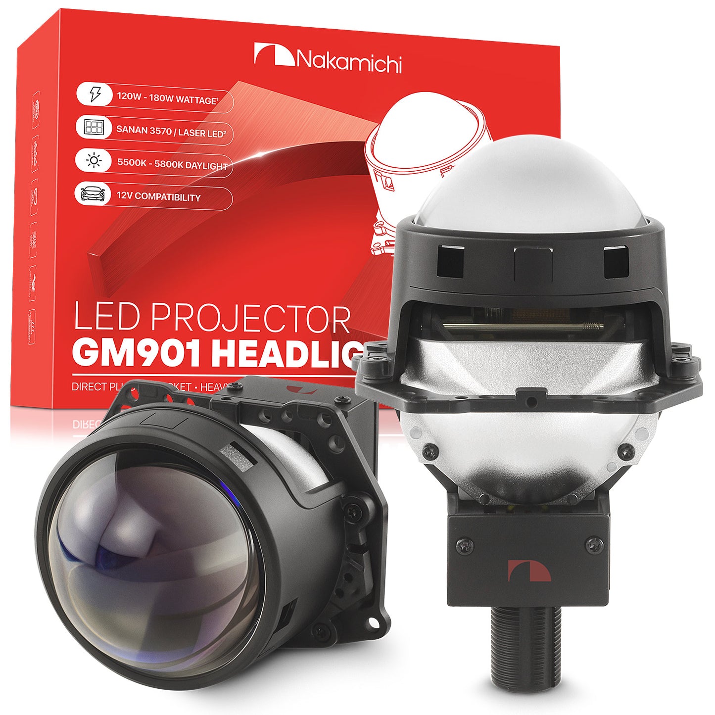 Nakamichi GM901 Serie H4 H7 9005 9006 Bi-LED-Projektor-Scheinwerferlinse, 3,0 Zoll, 20.000 Lumen, 126 W pro Set, Fern- und Abblendlicht-Nachrüstung, 2er-Pack, 5800 K