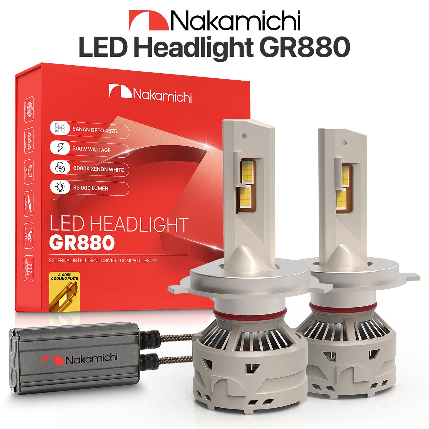 LED-Glühbirnen der Nakamichi GR880-Serie zum Austausch, 33.000 Lumen, 300 W pro Set, superhelles Xenonweiß, Plug-and-Play, Fern- und Abblendlicht, 2er-Pack