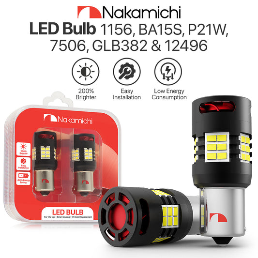 Nakamichi 1156 P21W BA15S Car LED Bulb Super Bright 30-SMD 3020 Chip with Canbus Error-Free 12,000 RPM Fan for Backup Reverse Brake Turn Signal Indicator Tail Light (30 LEDs, Pack of 2)