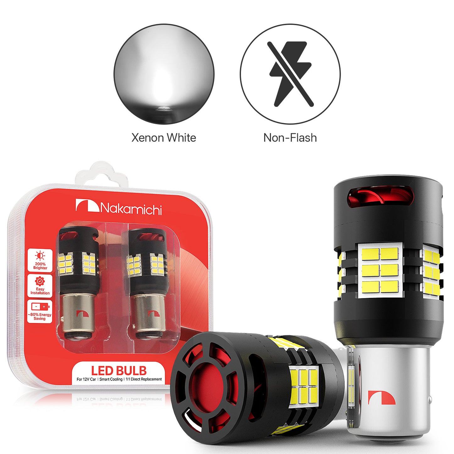 Nakamichi 1157 P21/5W BAY15D 7528 Car LED Bulb Super Bright 30-SMD 3020 Chip with Canbus Error-Free 12,000 RPM Fan for Brake Turn Signal Indicator Parking Tail Light (30 LEDs, Pack of 2)