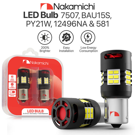 Nakamichi 7507 BAU15S PY21W Car LED Bulb Bright 30-SMD 3020 Chip with Canbus Error-Free 12,000 RPM Fan for Brake Turn Signal Indicator Reverse Parking Tail Light (30 LEDs, Pack of 2)
