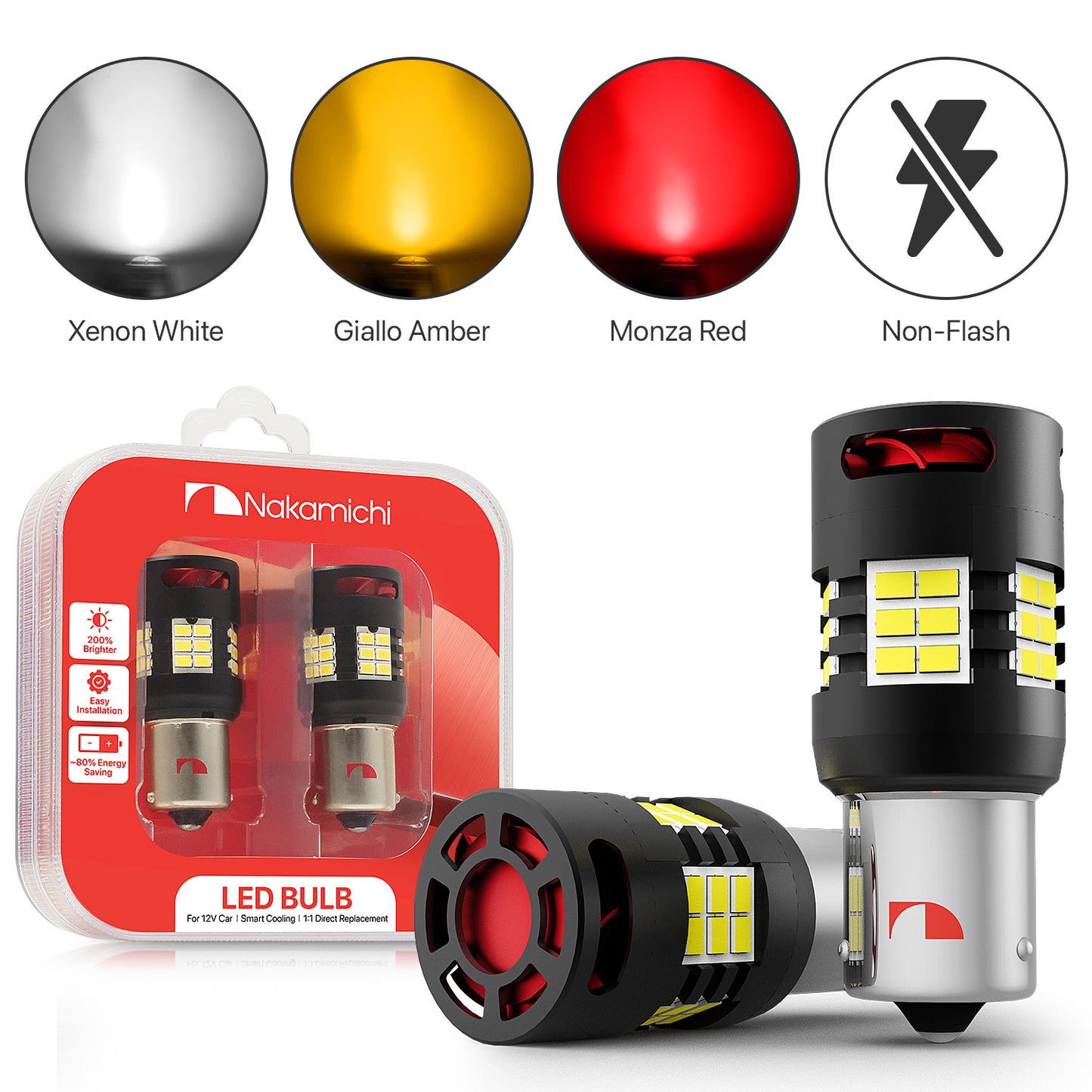 Nakamichi 7507 BAU15S PY21W Car LED Bulb Bright 30-SMD 3020 Chip with Canbus Error-Free 12,000 RPM Fan for Brake Turn Signal Indicator Reverse Parking Tail Light (30 LEDs, Pack of 2)
