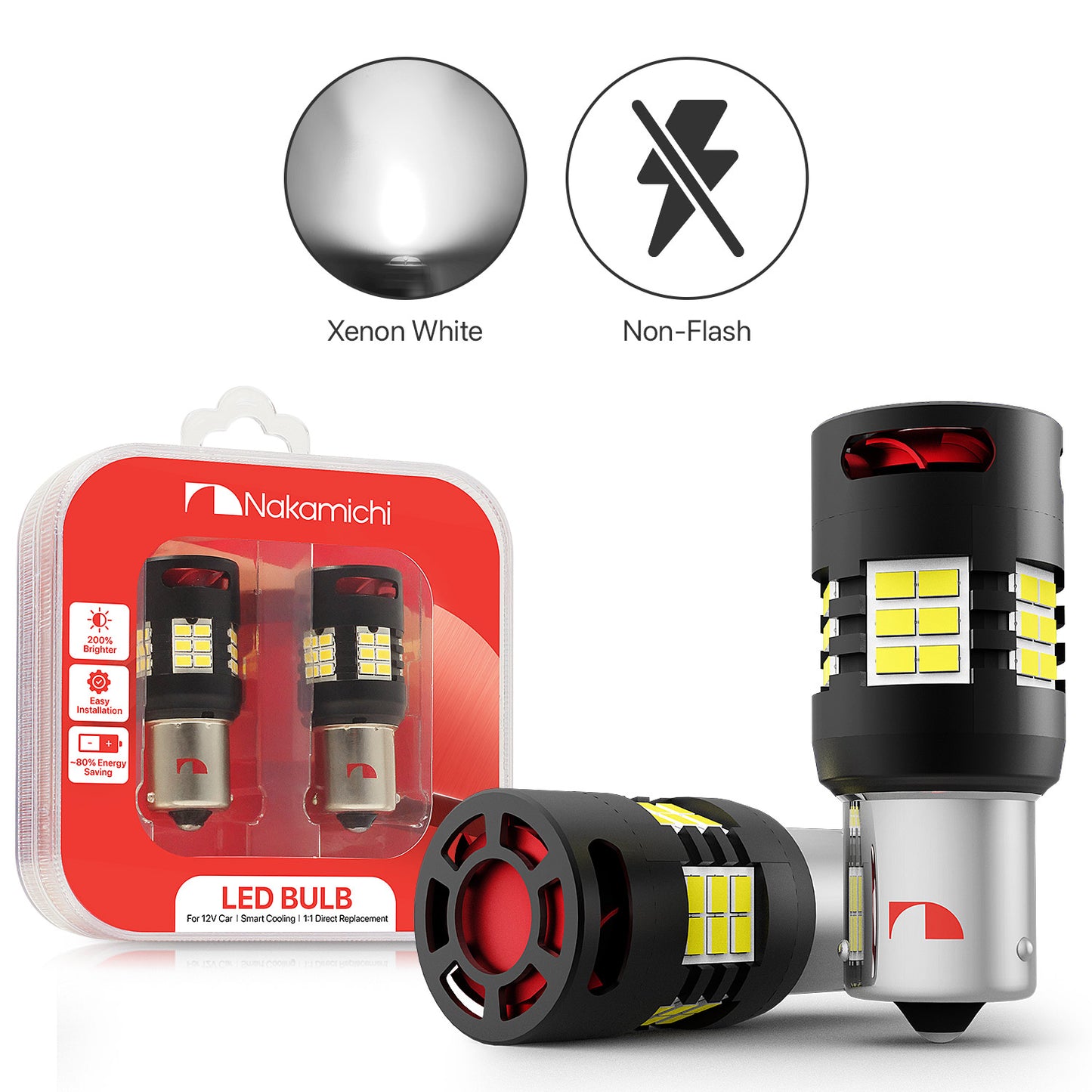 Nakamichi 7507 BAU15S PY21W Car LED Bulb Bright 30-SMD 3020 Chip with Canbus Error-Free 12,000 RPM Fan for Brake Turn Signal Indicator Reverse Parking Tail Light (30 LEDs, Pack of 2)