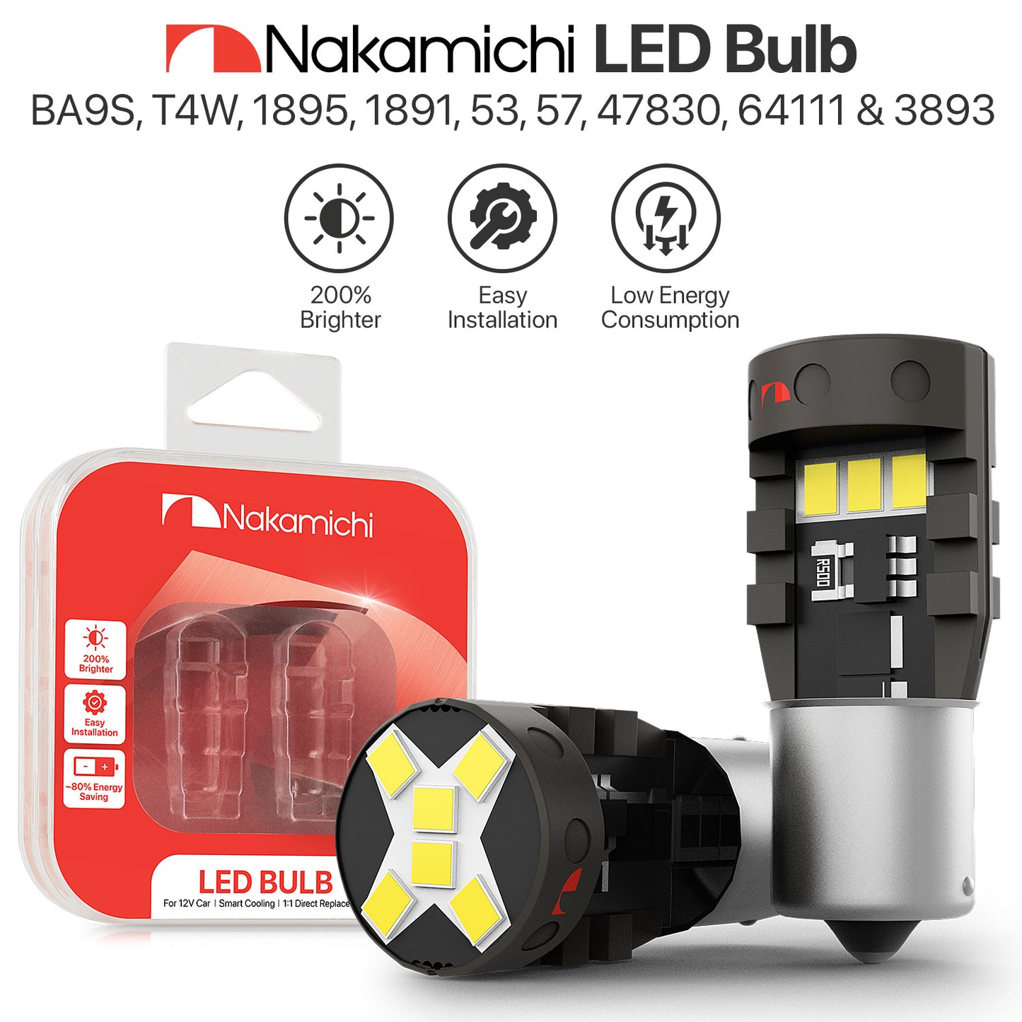 Nakamichi BA9S T4W Car LED Light Bulb BA9 1895 1891 53 57 47830 64111 3893, 12-SMD Extremely Bright Interior Dome Map License Plate Glove Box Panel Reading Replacement Light (Pack of 2)