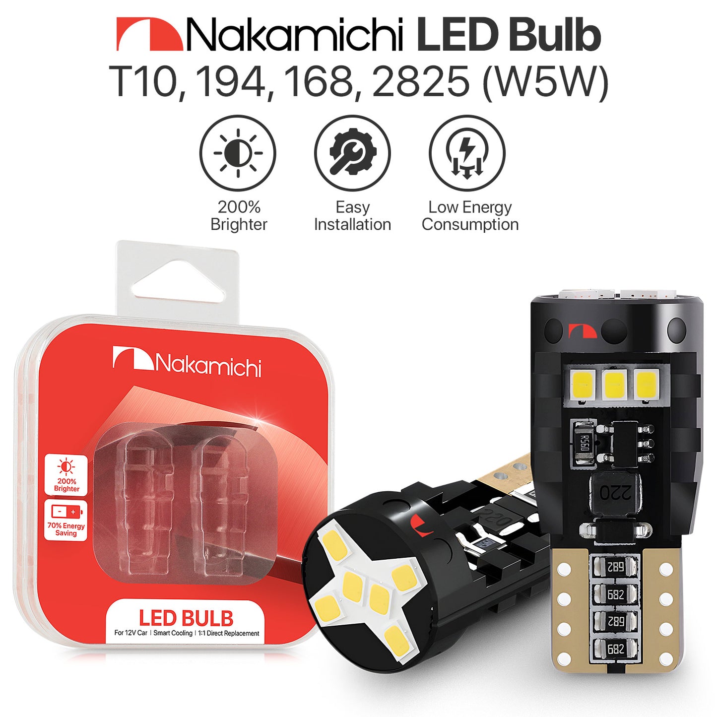 Nakamichi T10 LED-Glühbirne 168 2825 194 W5W Keil 12-SMD 2016 Chipsätze LED-Ersatzbirnen fehlerfrei für Auto-Innenraum-Kuppel-Kartentür-Kennzeichen-Innenraum-Armaturenbrett-Beleuchtung (12 LEDs)
