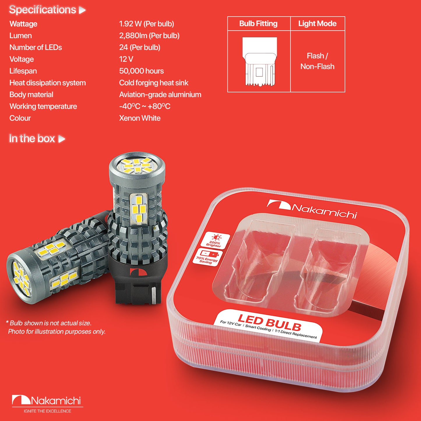 Nakamichi LED-Glühbirne T20-7440 / W21W 24-SMD 3020 Chipsätze, LED-Ersatzbirnen für Außen-Rückfahrblinker von Autos (Xenonweiß, 7440 | 24 LEDs)