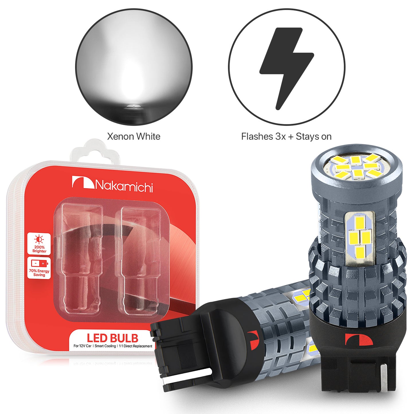 Nakamichi LED-Glühbirne T20-7440 / W21W 24-SMD 3020 Chipsätze, LED-Ersatzbirnen für Außen-Rückfahrblinker von Autos (Xenonweiß, 7440 | 24 LEDs)