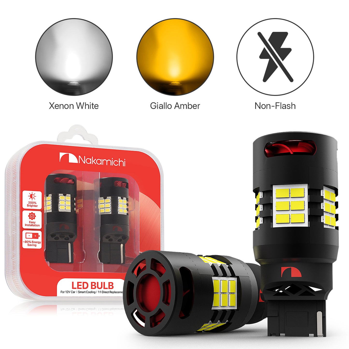 Nakamichi T20 7440 7441 7444 (W21W) Car LED Bulb 30-SMD 3020 Chip with Canbus Error-Free 12,000 RPM Fan for Brake Turn Signal Indicator Reverse Backup Tail Light (30 LEDs, Pack of 2)