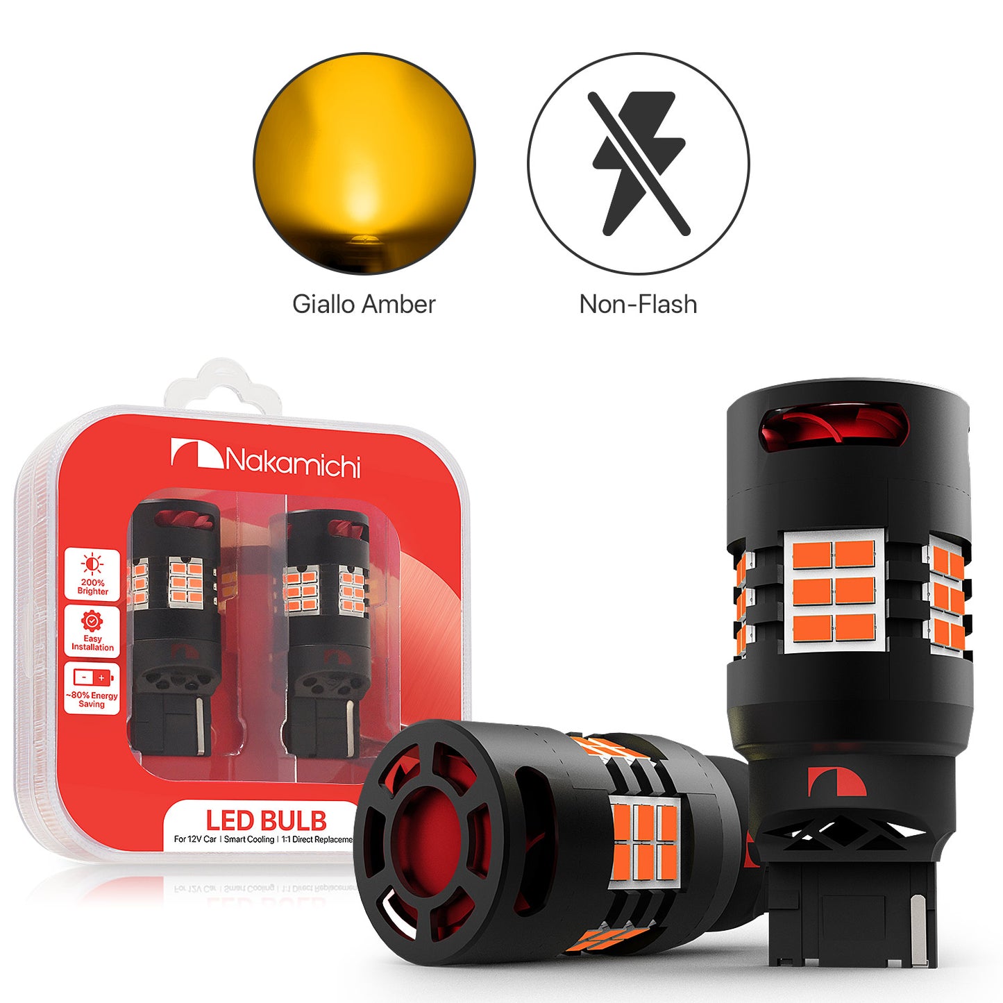 Nakamichi T20 7440 7441 7444 (W21W) Car LED Bulb 30-SMD 3020 Chip with Canbus Error-Free 12,000 RPM Fan for Brake Turn Signal Indicator Reverse Backup Tail Light (30 LEDs, Pack of 2)