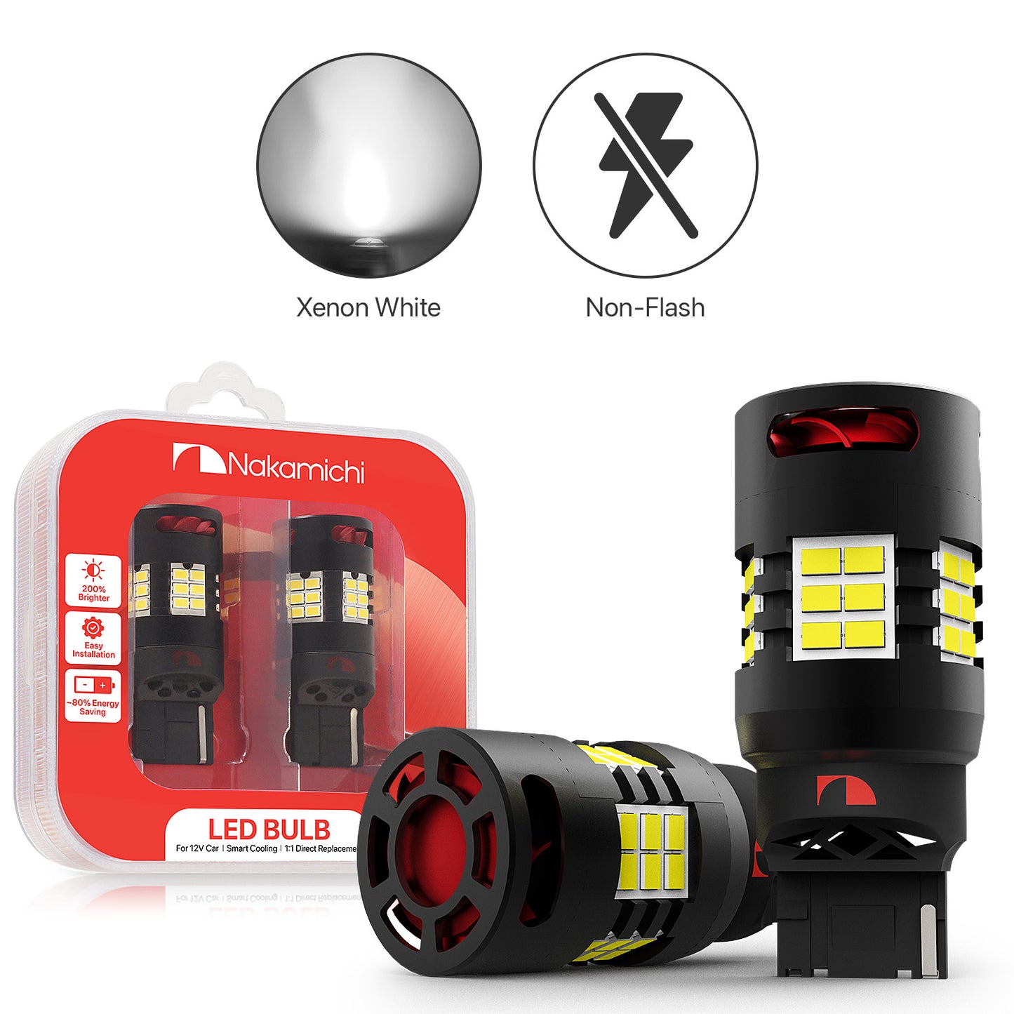 Nakamichi T20 7443 7441 7444 (W21/5W) Car LED Bulb 30-SMD 3020 Chip with Canbus Error-Free 12,000 RPM Fan for Brake Turn Signal Indicator Reverse Backup Tail Light (30 LEDs, Pack of 2)