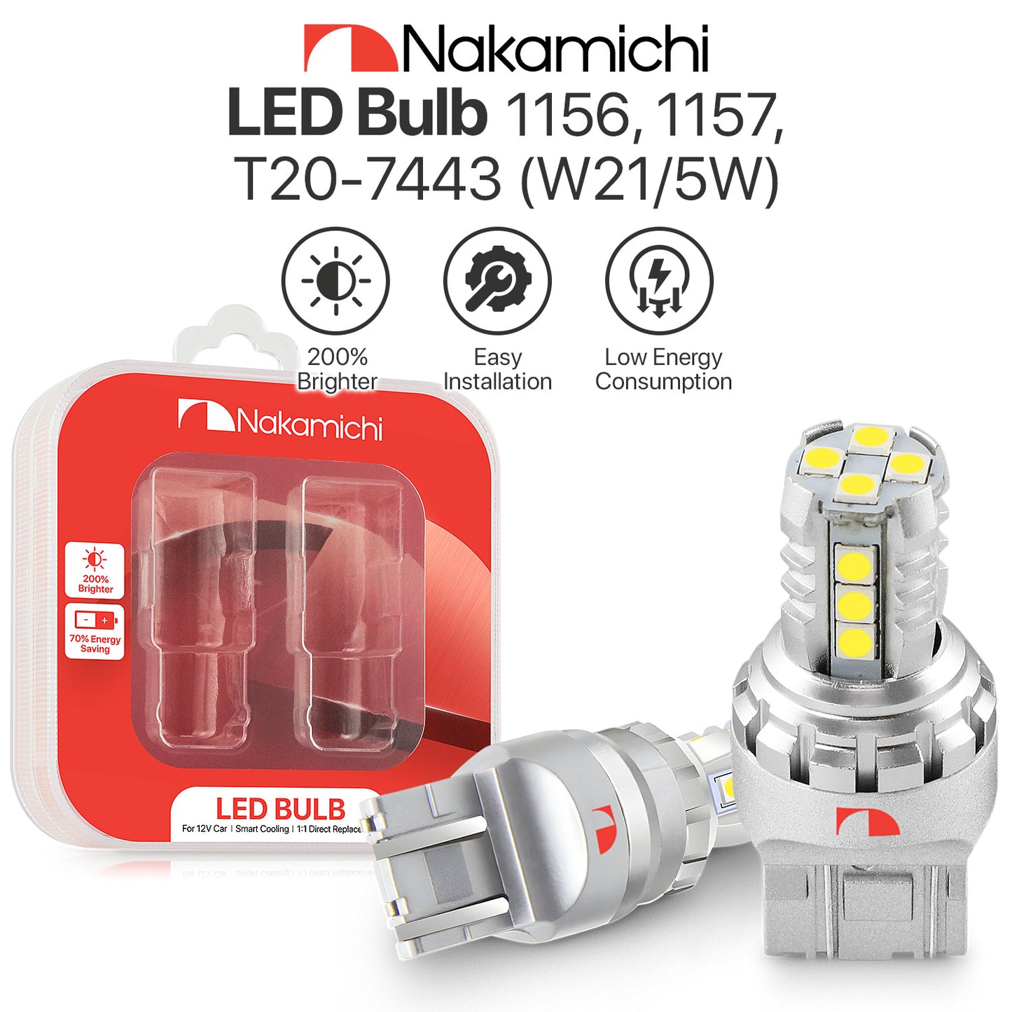 Nakamichi T20-7443 / W21/5W LED Light Bulb 16-SMD 3030 Chipsets LED Replacement Bulbs Car Exterior Reversing Indicator Lights (7443 | 16 LEDs)