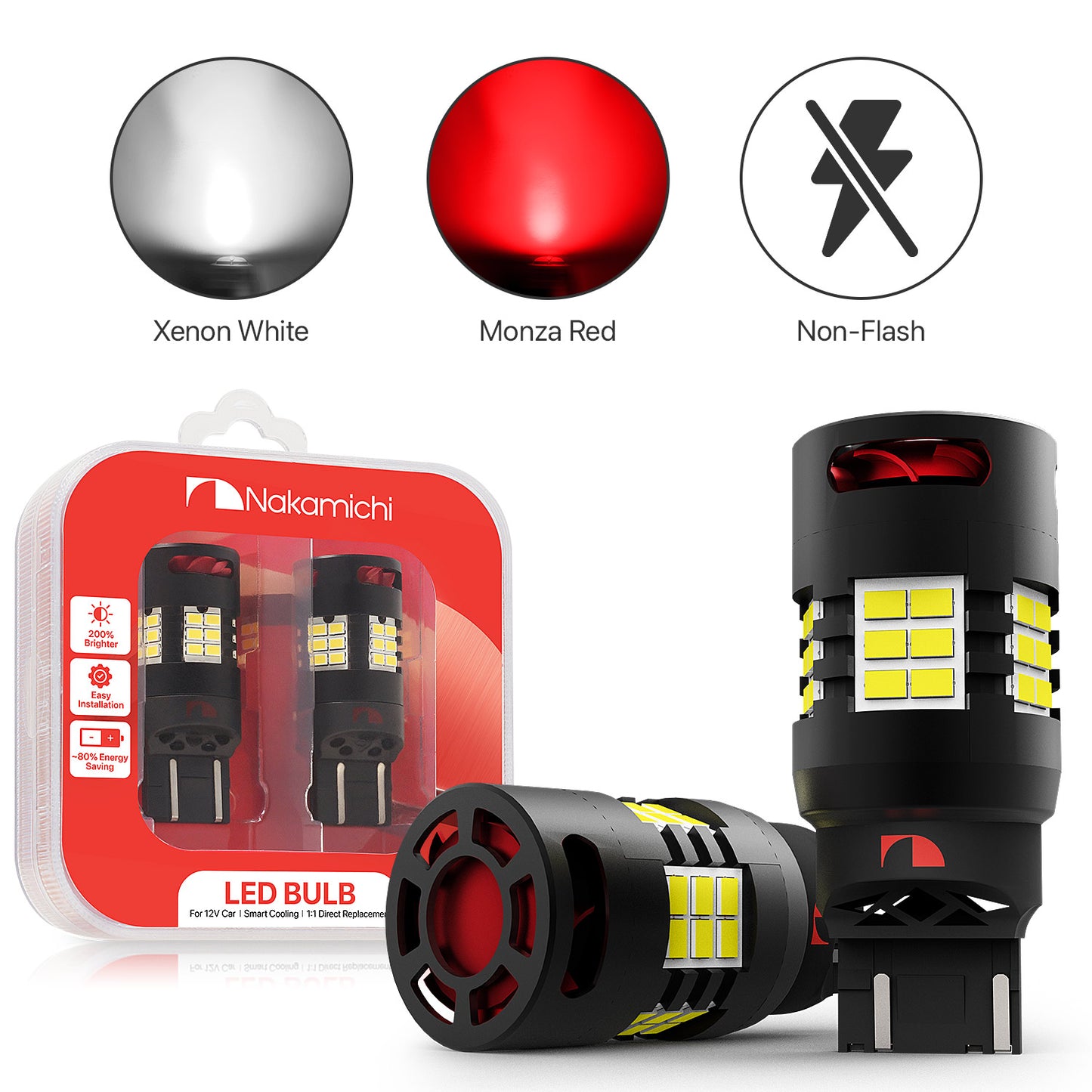 Nakamichi T20 7443 7441 7444 (W21/5W) Car LED Bulb 30-SMD 3020 Chip with Canbus Error-Free 12,000 RPM Fan for Brake Turn Signal Indicator Reverse Backup Tail Light (30 LEDs, Pack of 2)