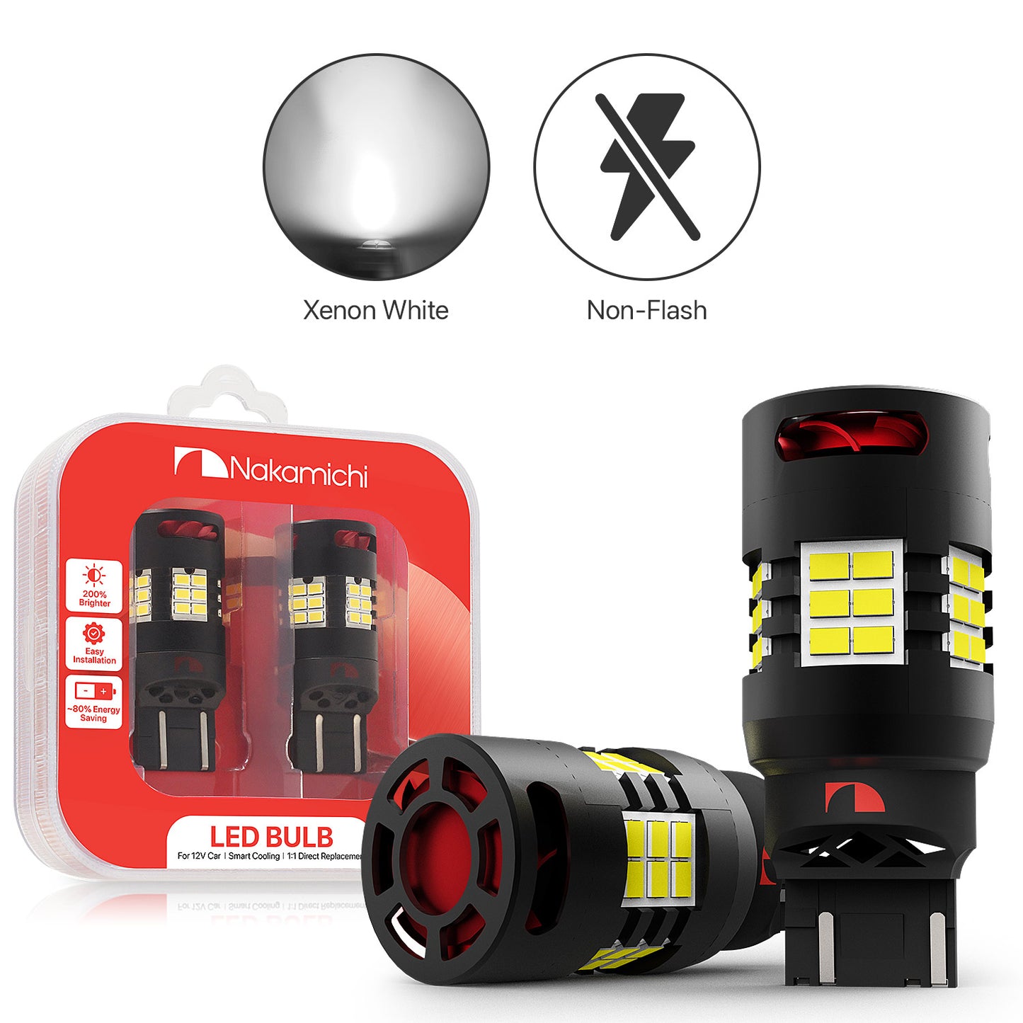 Nakamichi T20 7443 7441 7444 (W21/5W) Car LED Bulb 30-SMD 3020 Chip with Canbus Error-Free 12,000 RPM Fan for Brake Turn Signal Indicator Reverse Backup Tail Light (30 LEDs, Pack of 2)