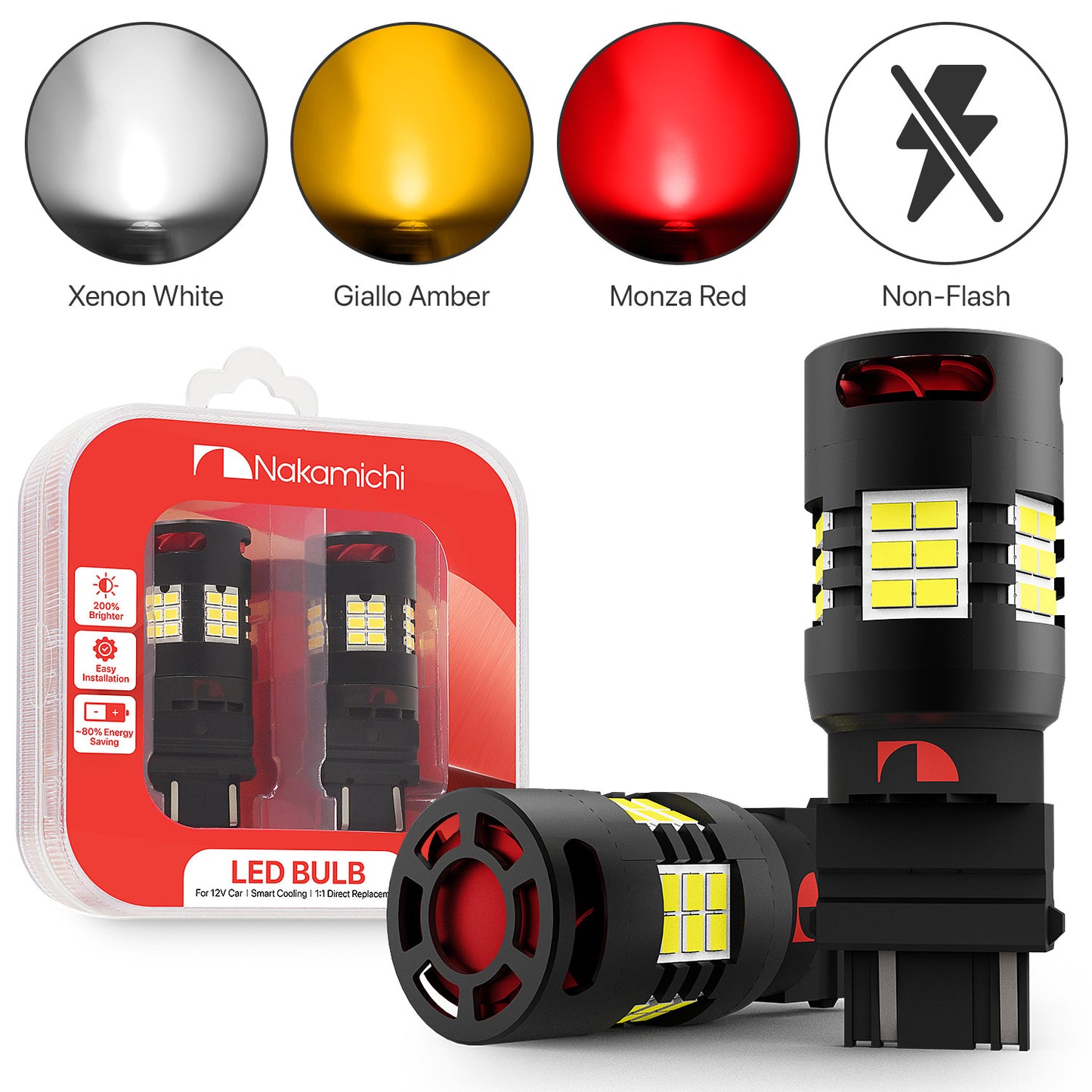 Nakamichi T25 3156 3157 P27W P27/7W Car LED Bulb 30-SMD 3020 Chip with Canbus Error-Free 12,000 RPM Fan for Brake Turn Signal Indicator Reverse Backup Tail Light (30 LEDs, Pack of 2)