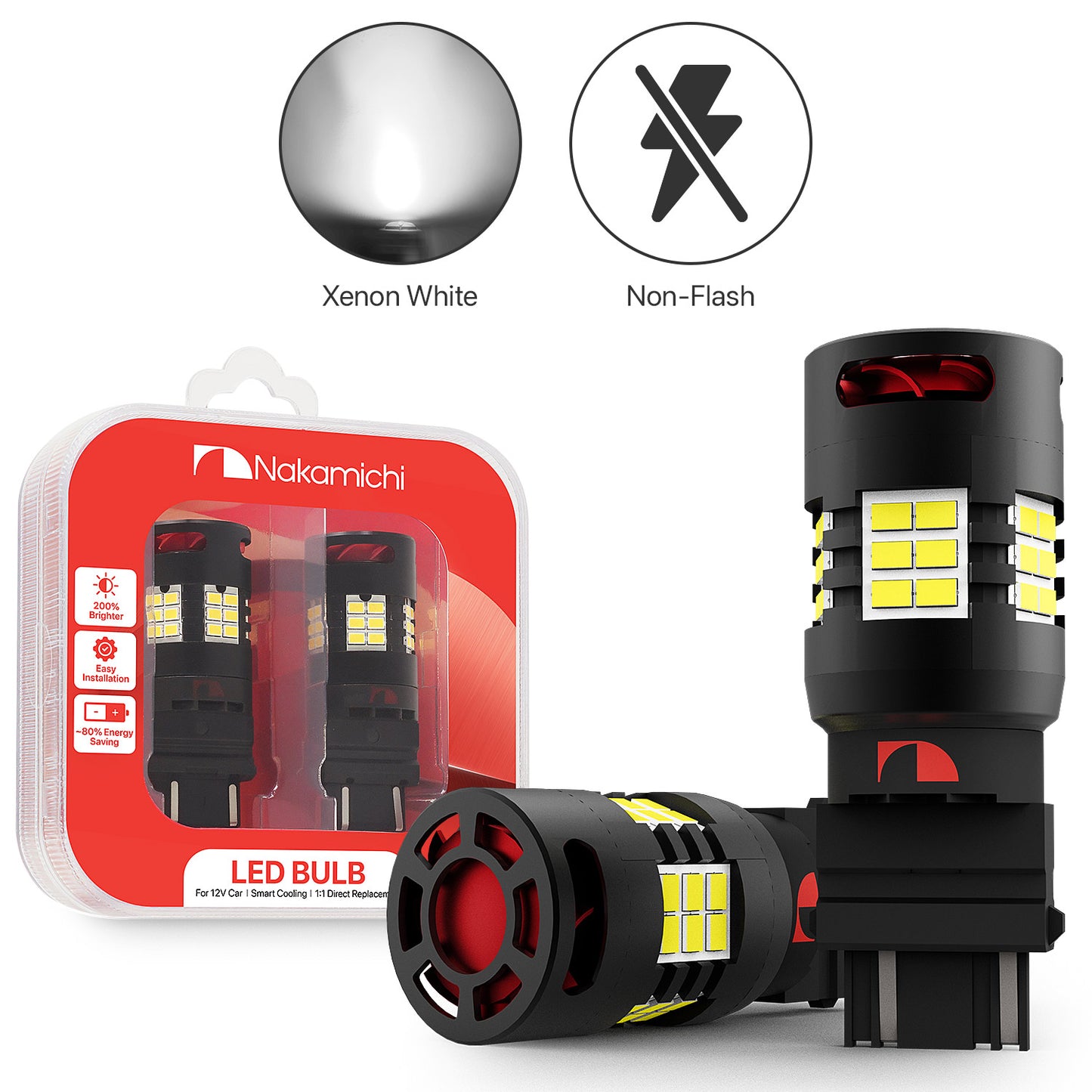 Nakamichi T25 3156 3157 P27W P27/7W Car LED Bulb 30-SMD 3020 Chip with Canbus Error-Free 12,000 RPM Fan for Brake Turn Signal Indicator Reverse Backup Tail Light (30 LEDs, Pack of 2)