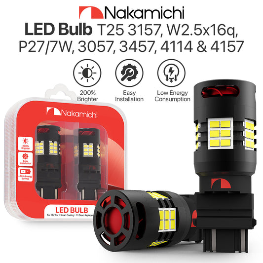 Nakamichi T25 3156 3157 P27W P27/7W Car LED Bulb 30-SMD 3020 Chip with Canbus Error-Free 12,000 RPM Fan for Brake Turn Signal Indicator Reverse Backup Tail Light (30 LEDs, Pack of 2)