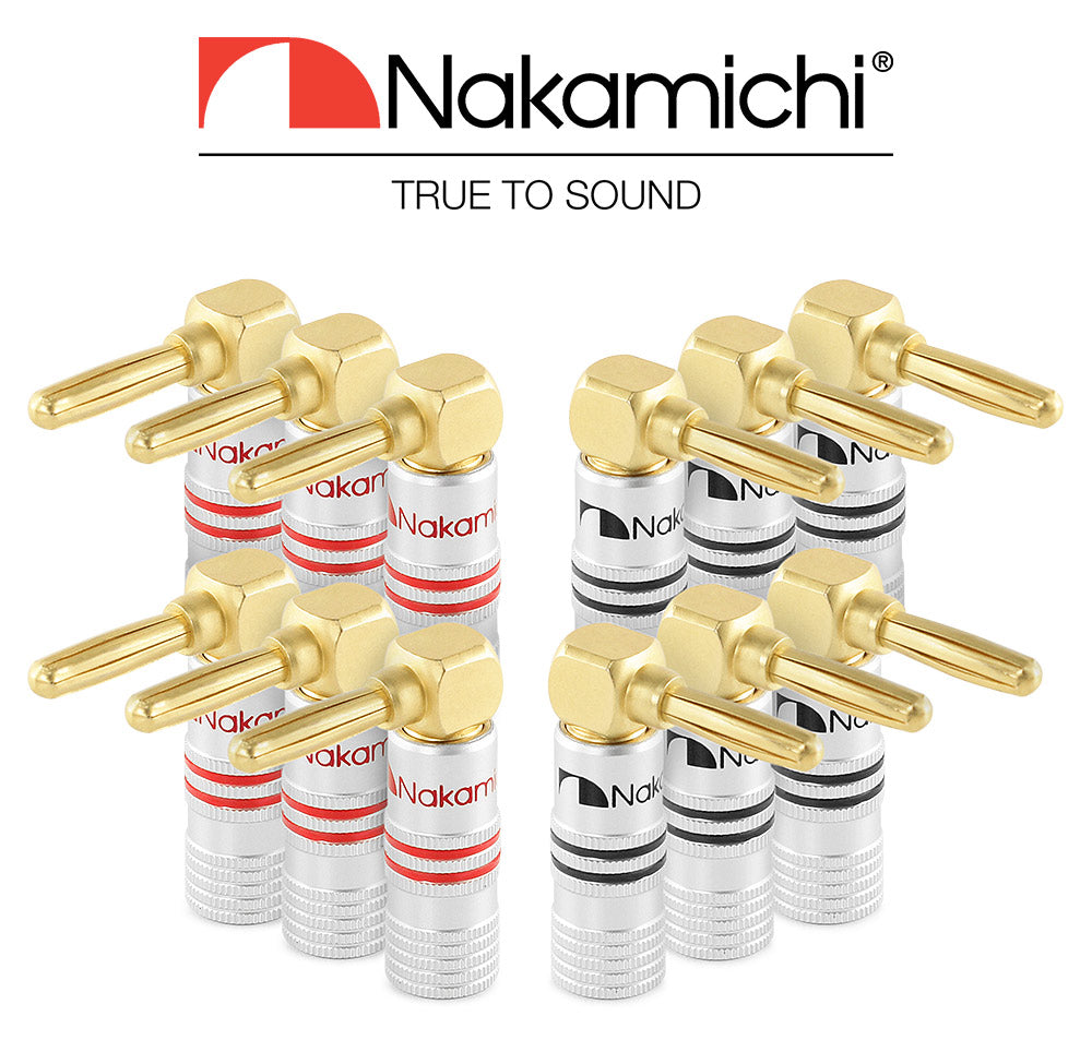 Nakamichi Excel-Serie, 24 Karat vergoldeter rechtwinkliger Bananenstecker, 12–18 AWG, Stärke 4 mm, für Lautsprecher, Verstärker, Hi-Fi, AV, Stereo, Heimkino, Audiokabel, Schraubverbinder