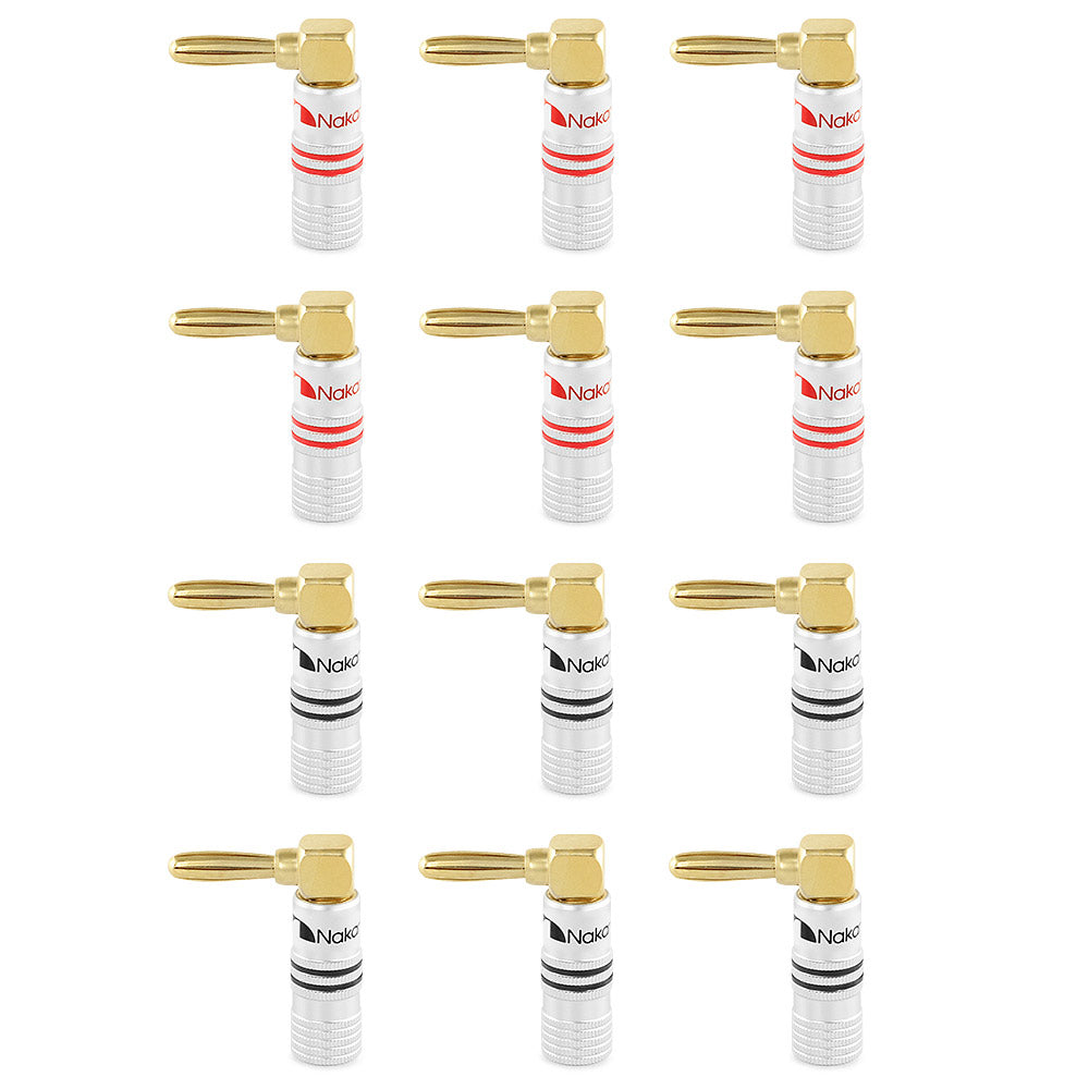 Nakamichi Excel-Serie, 24 Karat vergoldeter rechtwinkliger Bananenstecker, 12–18 AWG, Stärke 4 mm, für Lautsprecher, Verstärker, Hi-Fi, AV, Stereo, Heimkino, Audiokabel, Schraubverbinder