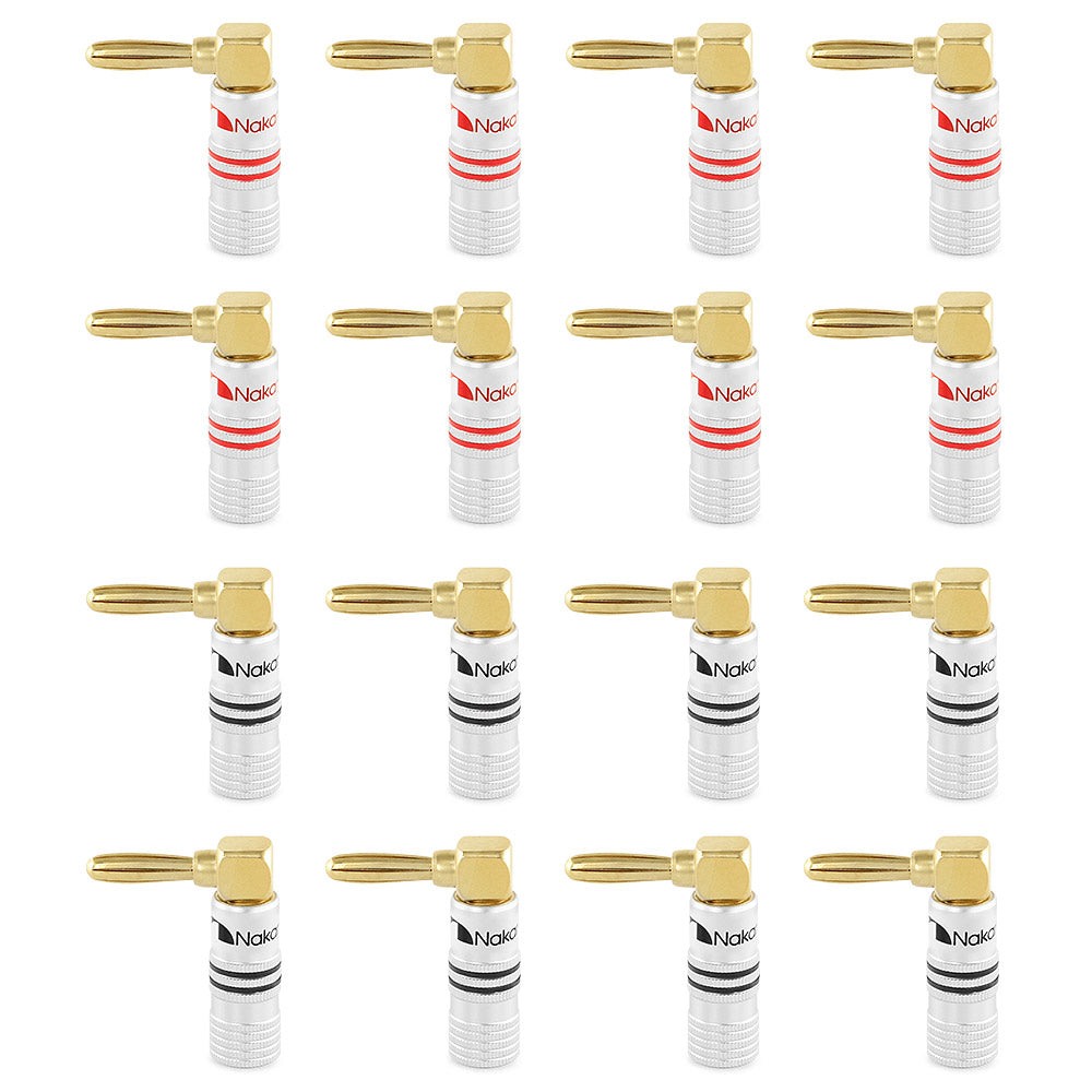 Nakamichi Excel-Serie, 24 Karat vergoldeter rechtwinkliger Bananenstecker, 12–18 AWG, Stärke 4 mm, für Lautsprecher, Verstärker, Hi-Fi, AV, Stereo, Heimkino, Audiokabel, Schraubverbinder