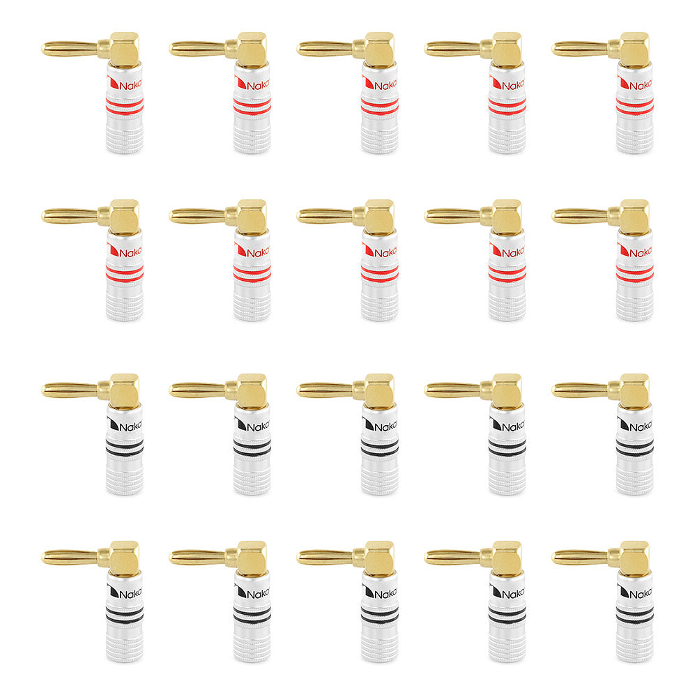 Nakamichi Excel-Serie, 24 Karat vergoldeter rechtwinkliger Bananenstecker, 12–18 AWG, Stärke 4 mm, für Lautsprecher, Verstärker, Hi-Fi, AV, Stereo, Heimkino, Audiokabel, Schraubverbinder