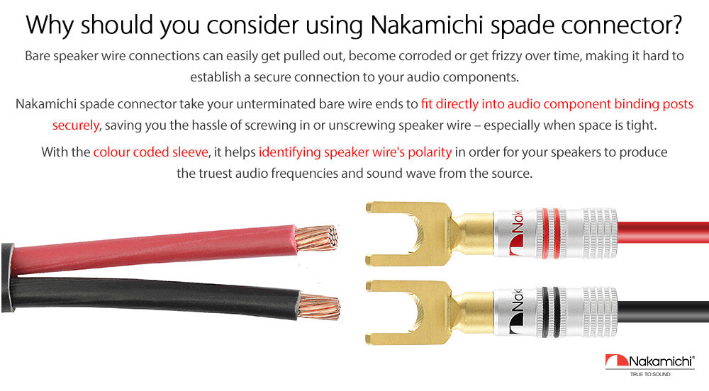 Nakamichi Excel-Serie, 24 Karat vergoldeter Y-Bananenstecker mit Flachstecker, 12–18 AWG, Stärke 4 mm, für Lautsprecher, Verstärker, Hi-Fi, AV, Stereo, Heimkino, Audiokabel, Schraubverbinder