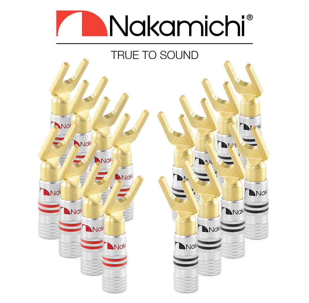 Nakamichi Excel-Serie, 24 Karat vergoldeter Y-Bananenstecker mit Flachstecker, 12–18 AWG, Stärke 4 mm, für Lautsprecher, Verstärker, Hi-Fi, AV, Stereo, Heimkino, Audiokabel, Schraubverbinder