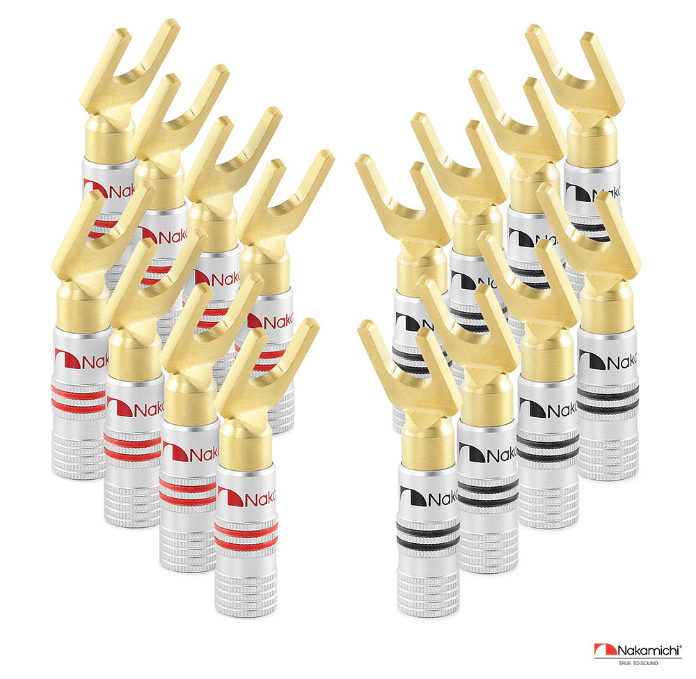 Nakamichi Excel-Serie, 24 Karat vergoldeter Y-Bananenstecker mit Flachstecker, 12–18 AWG, Stärke 4 mm, für Lautsprecher, Verstärker, Hi-Fi, AV, Stereo, Heimkino, Audiokabel, Schraubverbinder