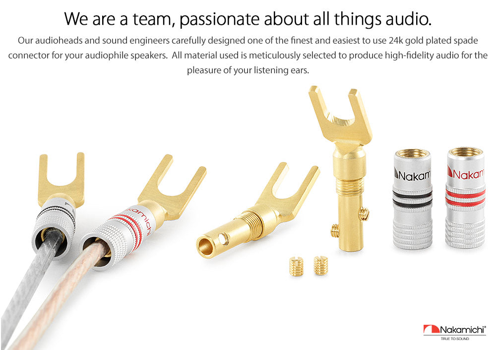 Nakamichi Excel-Serie, 24 Karat vergoldeter Y-Bananenstecker mit Flachstecker, 12–18 AWG, Stärke 4 mm, für Lautsprecher, Verstärker, Hi-Fi, AV, Stereo, Heimkino, Audiokabel, Schraubverbinder