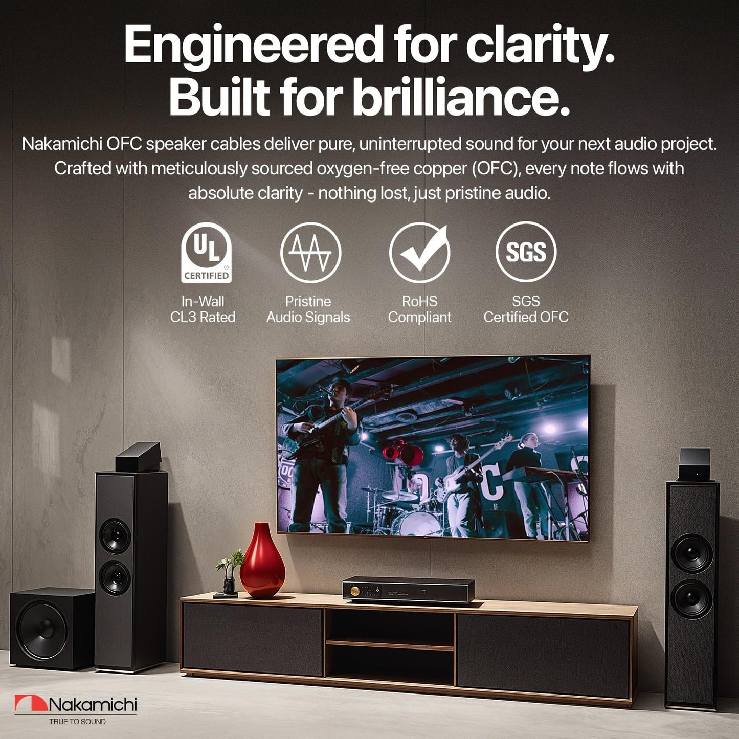 Nakamichi in-Wall & Direct Burial (UL CL2 CL3 Rated) Oxygen-Free Copper (OFC) 2-Conductor Speaker Cable Wire, Outdoor In-Ground, in-Ceiling, Riser, Black