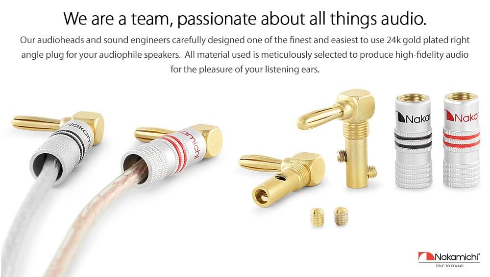 Nakamichi Excel-Serie, 24 Karat vergoldeter rechtwinkliger Bananenstecker, 12–18 AWG, Stärke 4 mm, für Lautsprecher, Verstärker, Hi-Fi, AV, Stereo, Heimkino, Audiokabel, Schraubverbinder