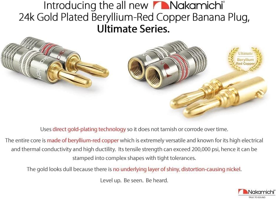 Bananenstecker Nakamichi Ultimate Series, 24 Karat vergoldet, Beryllium-Rotkupfer, 12–18 AWG, Stärke 4 mm, Anschluss für Lautsprecher, Kabelverstärker, Hi-Fi