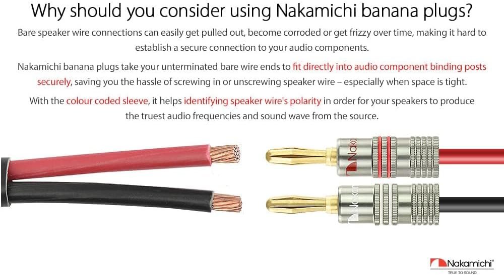 Bananenstecker Nakamichi Ultimate Series, 24 Karat vergoldet, Beryllium-Rotkupfer, 12–18 AWG, Stärke 4 mm, Anschluss für Lautsprecher, Kabelverstärker, Hi-Fi
