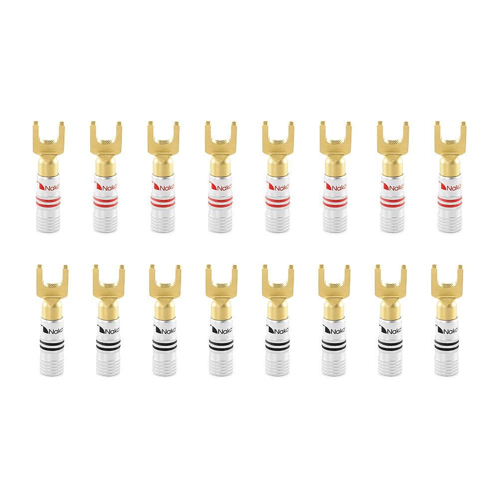 Nakamichi Excel-Serie, 24 Karat vergoldeter Y-Bananenstecker mit Flachstecker, 12–18 AWG, Stärke 4 mm, für Lautsprecher, Verstärker, Hi-Fi, AV, Stereo, Heimkino, Audiokabel, Schraubverbinder